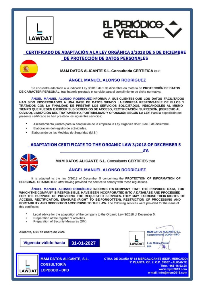 certificado ley de protección de datos