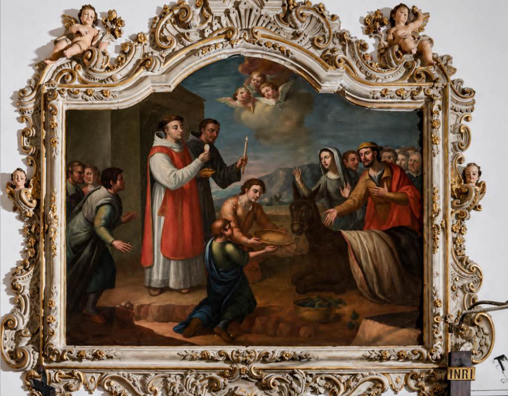 Antonio Richarte, Milagro de san Antonio de Padua en el que una borriquilla se postra ante la Eucarist&iacute;a. &Oacute;leo sobre lienzo, ca. 1736. Iglesia parroquial de Santo Tom&aacute;s y San Felipe Neri, Valencia. Fotograf&iacute;a Paco Alc&aacute;ntara.