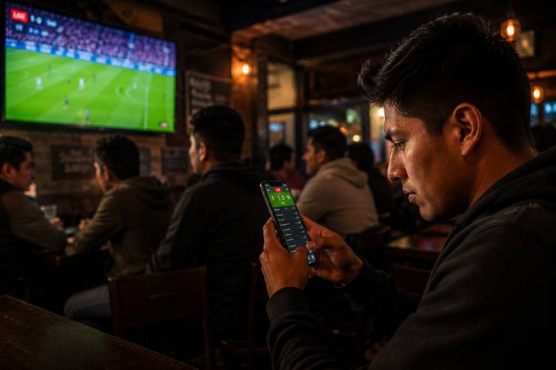 Hombre consulta apuestas en vivo durante un partido de fútbol